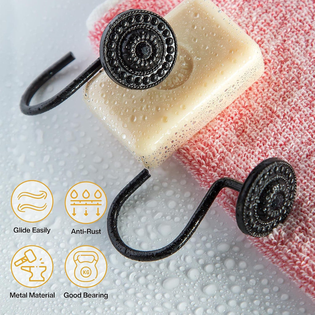 Black Shower Curtain Hooks, Rust Proof Decorative Shower Curtain Rings for Bathroom, Shower Curtain Hooks for Shower Liner, 12Pcs