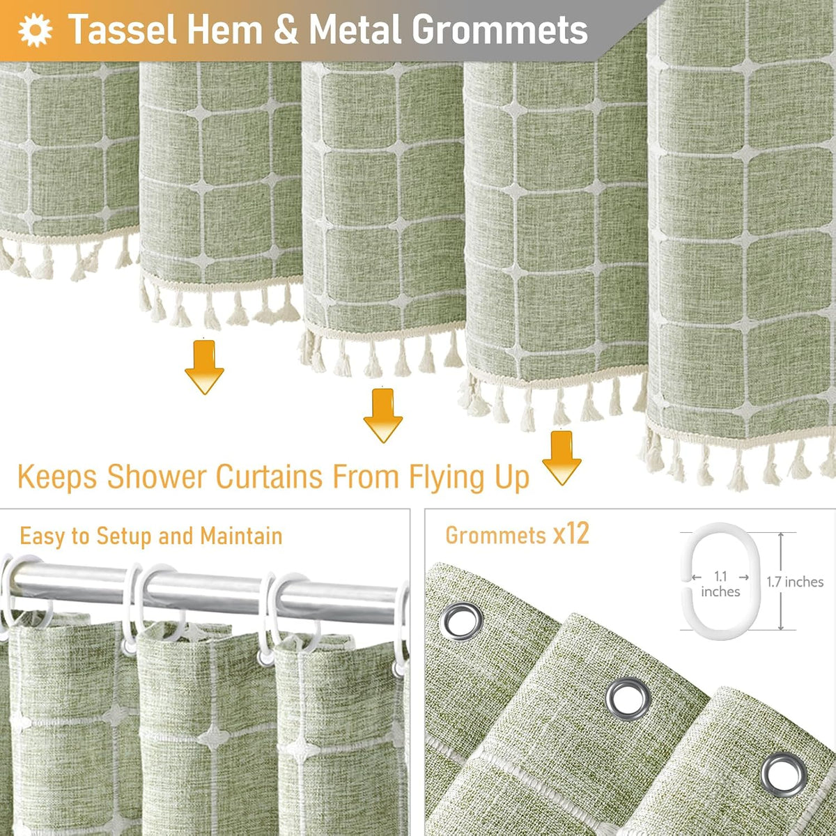 BTTN Sage Green Boho Farmhouse Linen Heavy Duty Shower Curtain Set, 72x72