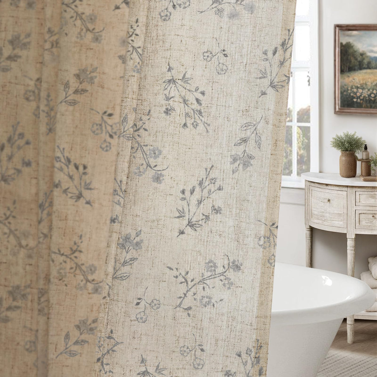 Floral Farmhouse Vintage Linen Shower Curtain French Country Decor 72Wx72H