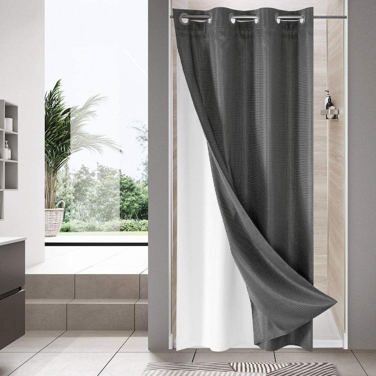 No Hook Weave Fabric Shower Curtain with Snap-in Liner White,72x74