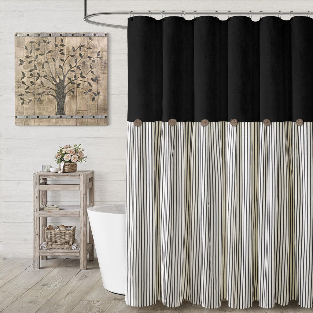 Farmhouse Shower Curtain Linen Beige Button Brown Stripe 72"W x 72"L