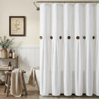 Farmhouse Shower Curtain Linen Beige Button Brown Stripe 72"W x 72"L