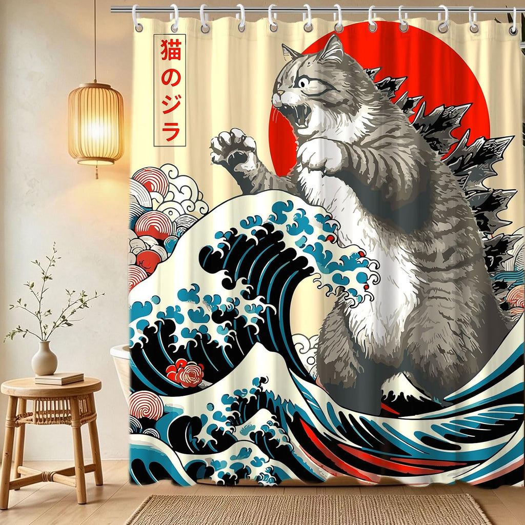 Funny Japanese Cat Funky Anime Japan Bathroom Shower Curtain, 72x72