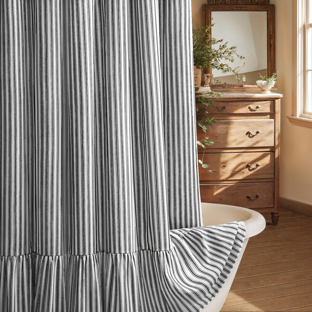 Farmhouse Shower Curtain Ruffle Linen Cream-Brown Stripe 72"W x 84"L