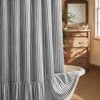 Farmhouse Shower Curtain Ruffle Linen Cream-Green Stripe 72"W x 72"L