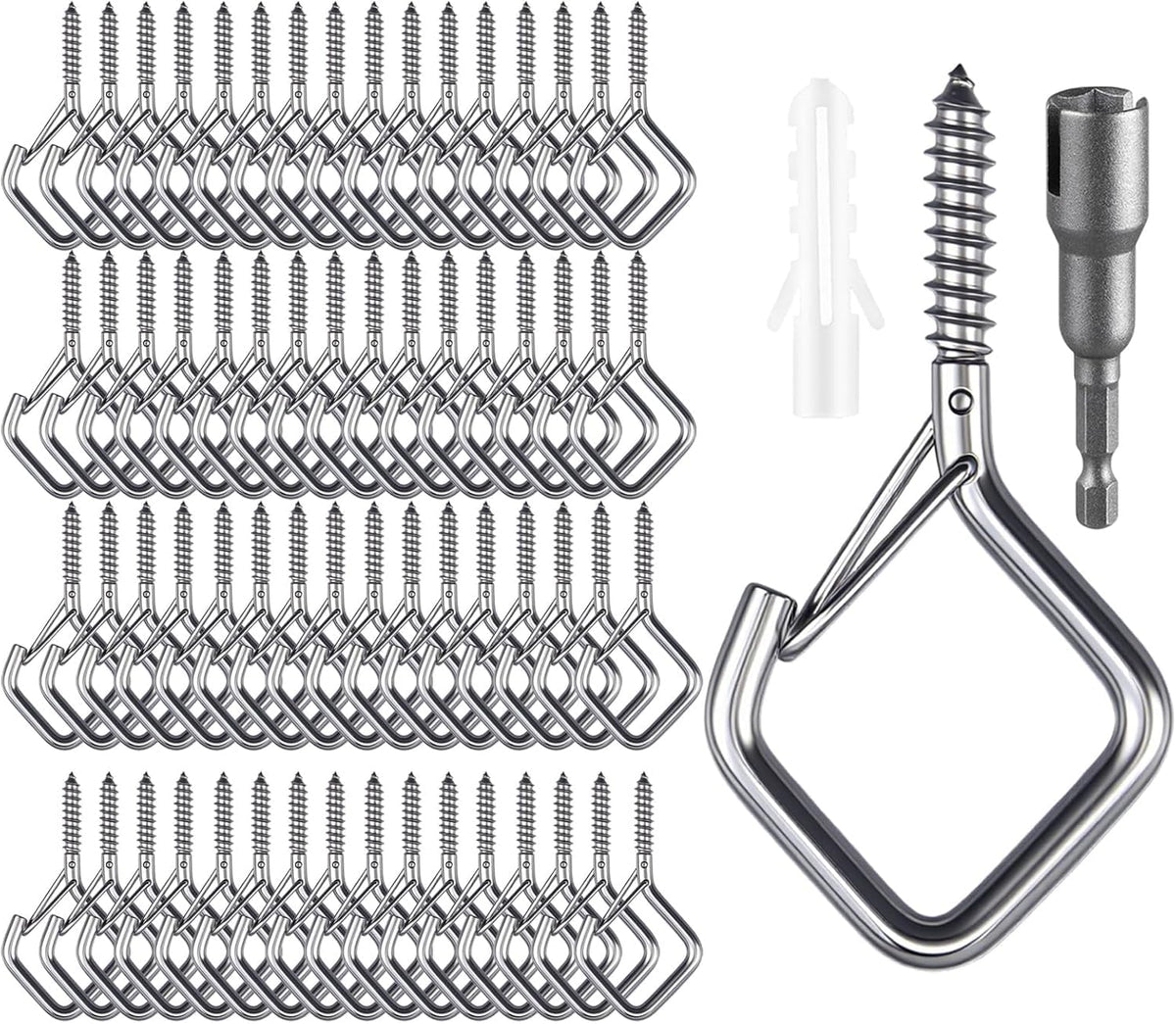 65 Pcs Stainless Steel Hooks, 2.16" Screw Hooks with Safety Buckle