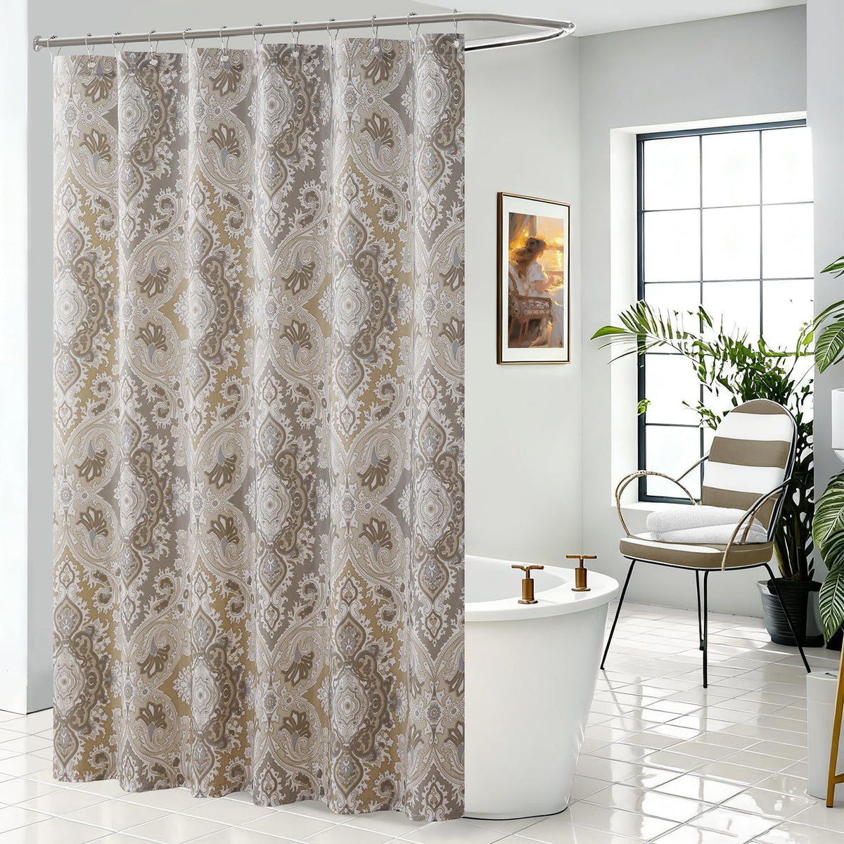 Fabric Shower Curtain, Narrow Width Beige Brown Stripe Waterproof Curtain for Tub or Stall，54" W x 72" H