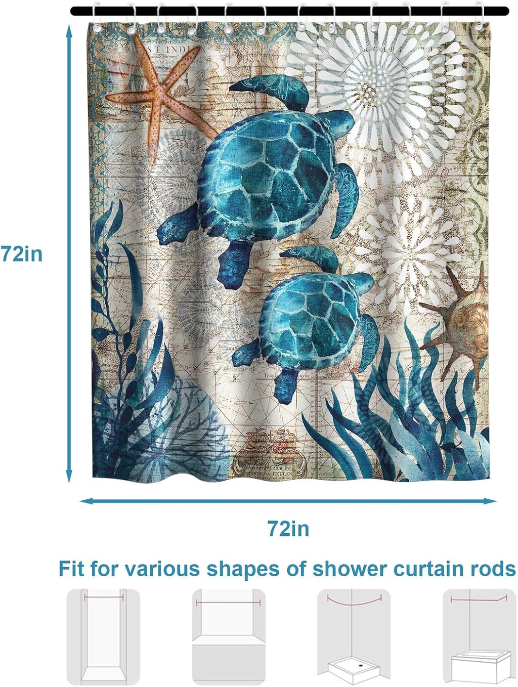 Nautical Green Sea Turtles Beach Theme Fabric Shower Curtain Sets Bathroom Blue Ocean Decor with Grommets and Hooks - 72 x 72 Inch Teal