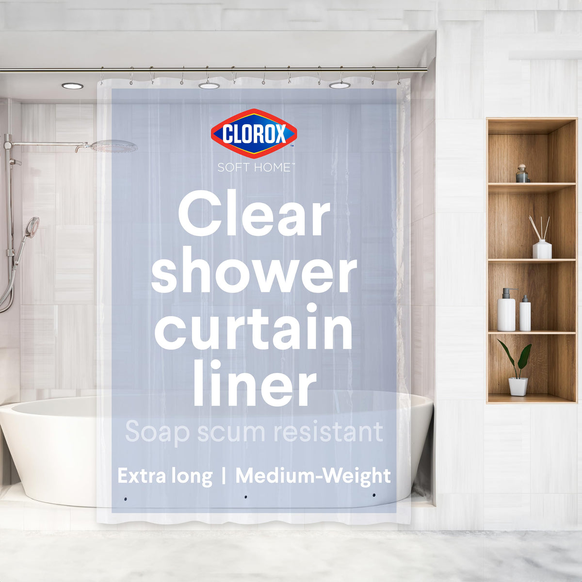 Clorox Shower Curtain Liner & Hooks, Premium Lightweight Flexible Waterproof 4g PEVA for Bathroom with Weighted Magnets, Standard Size 70" x 72", Frosty 1 Pack