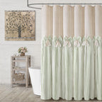 Farmhouse Shower Curtain Linen Beige Button Brown Stripe 72"W x 72"L
