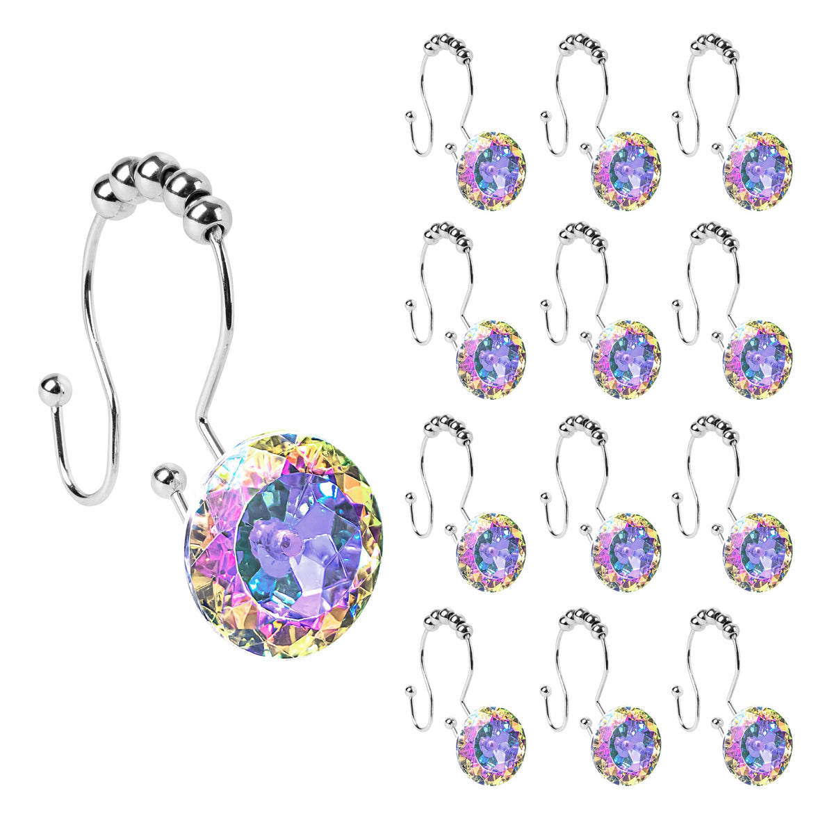 Sunlit Round Rhinestone Shower Curtain Hooks with Glide Balls, 12 Pack