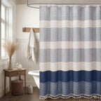 Navy Blue Coastal Ocean Linen Striped Shower Curtain with Tassel 72W X 72L