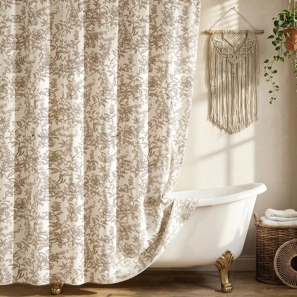 Farmhouse Sage Green Floral Shower Curtain with 12 Clear Rings 72"W x 72"L
