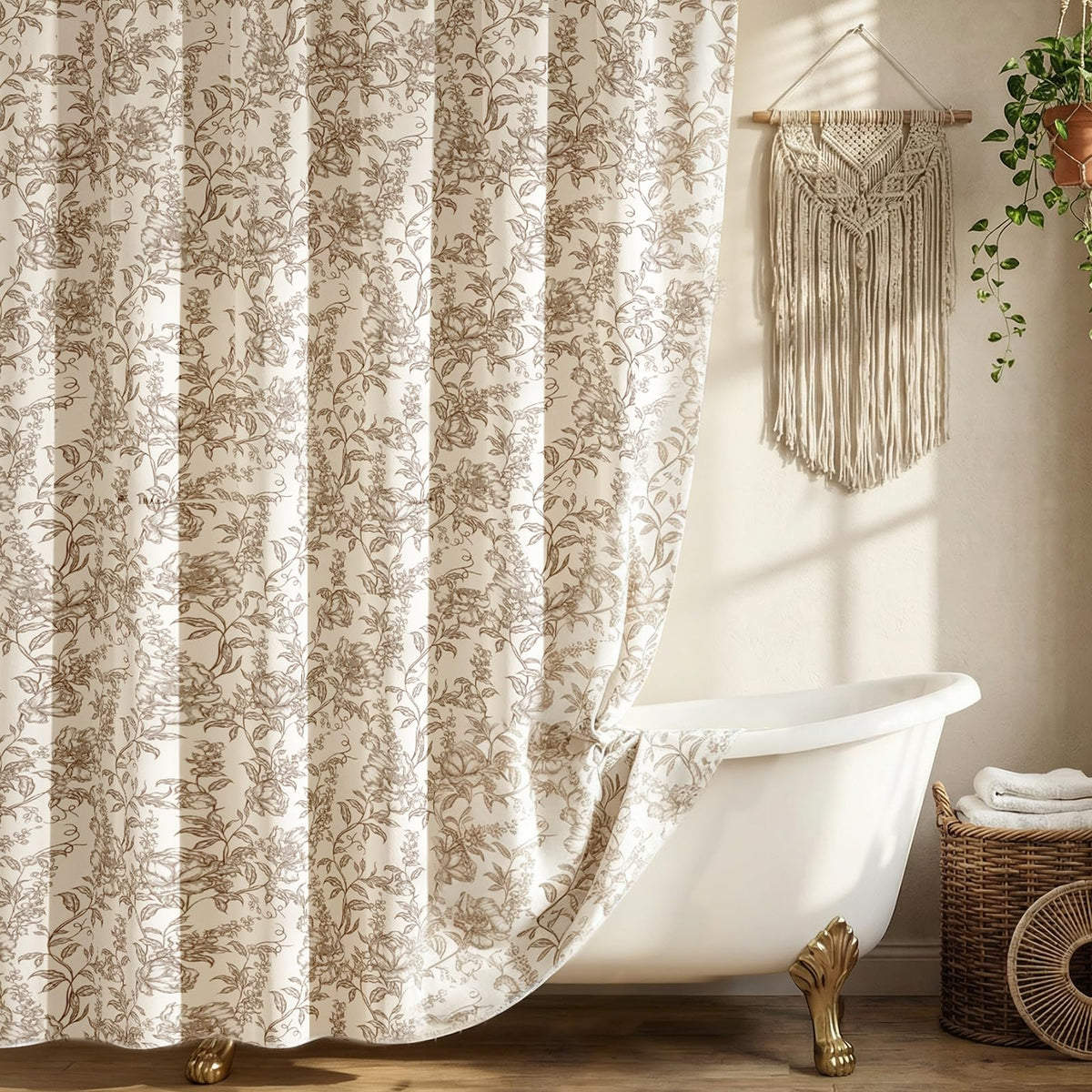 Farmhouse Sage Green Floral Shower Curtain with 12 Clear Rings 72"W x 72"L