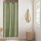 OWENIE Boho Shower Curtain, White Fabric Cloth Shower Curtains Farmhouse Tufted Chevron Striped Textured with Tassel for Bathroom, Soft Hotel Style Modern Minimalist, Machine Washable, 72x72, White