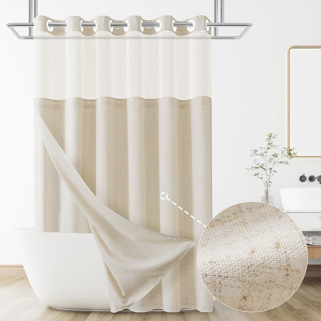 Jowels No Hooks Natural Linen Fabric Shower Curtains for Bathroom 72 Inches