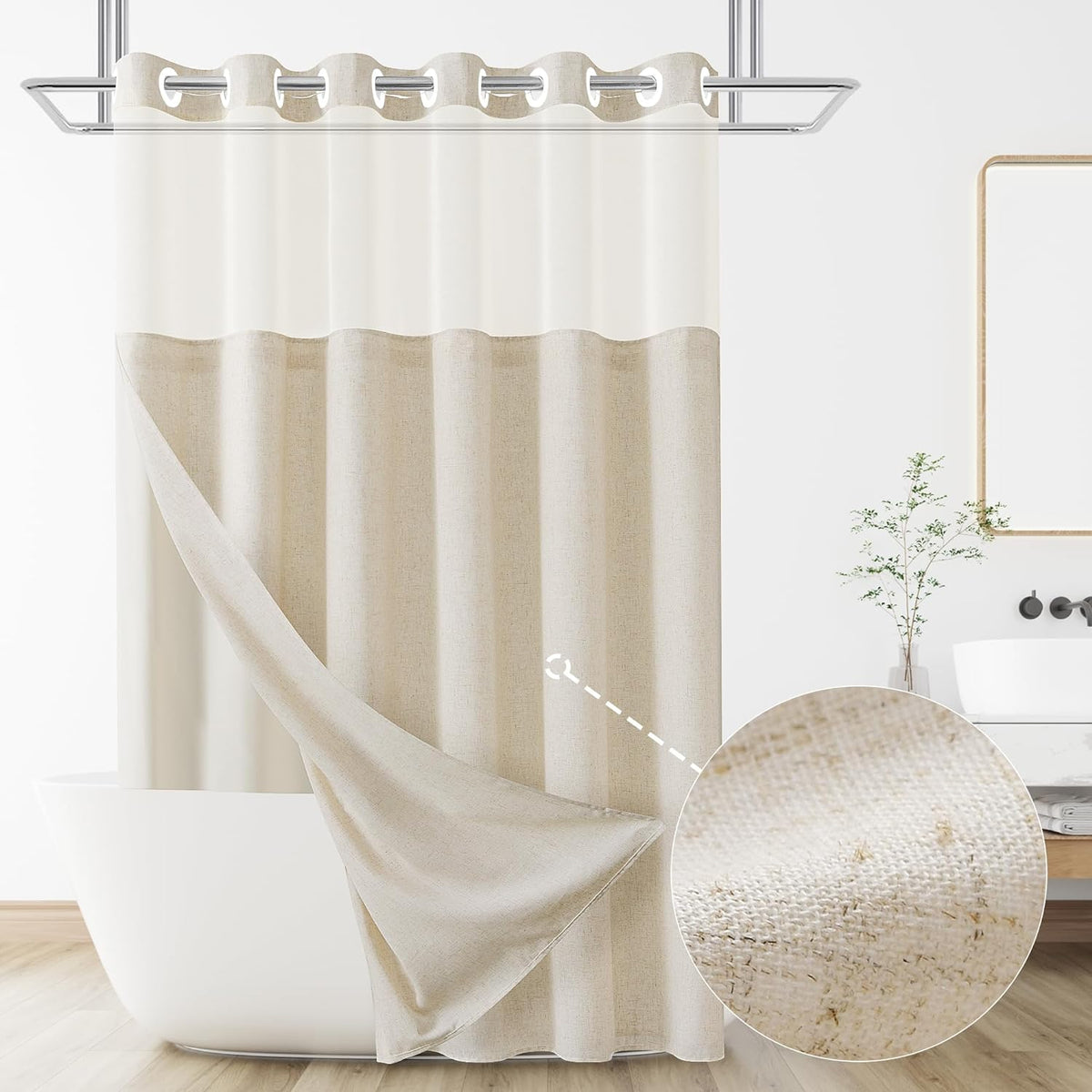 Jowels No Hooks Natural Linen Fabric Shower Curtains for Bathroom 72 Inches