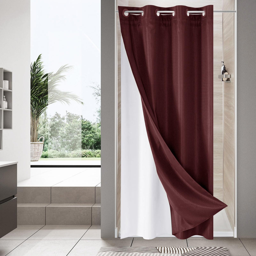 No Hook Weave Fabric Shower Curtain with Snap-in Liner White,72x74
