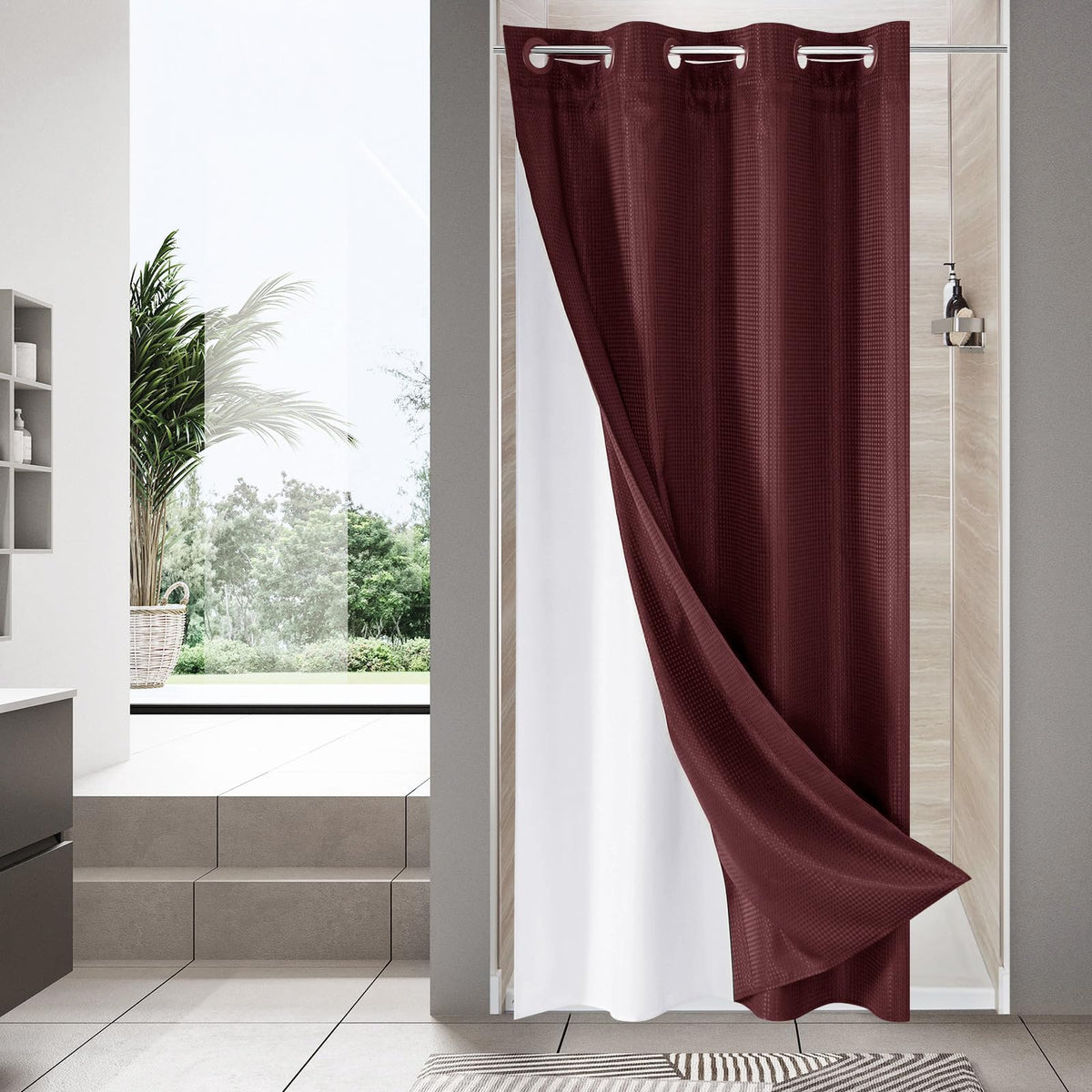 No Hook Weave Fabric Shower Curtain with Snap-in Liner White,72x74