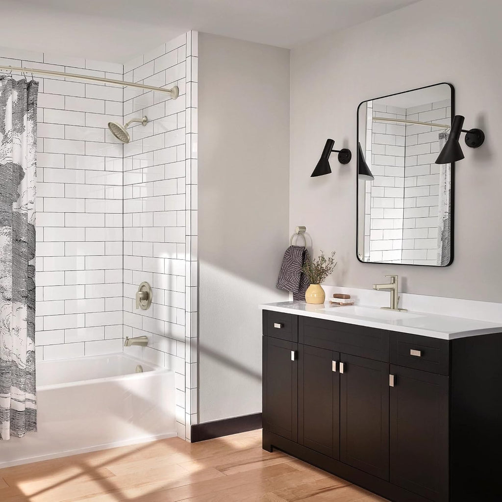 Moen Curved Adjustable Length Fixed Mount Single Shower Curtain Rod for Bathroom, Brushed Nickel Finish, CSR2160BN