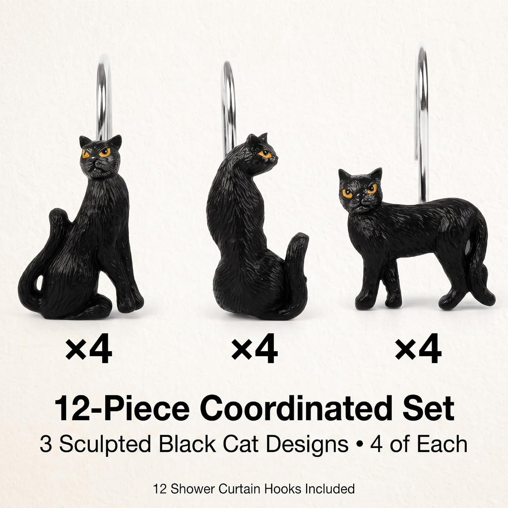 Black Cat Shower Curtain Hooks Set of 12, Decorative Resin Shower Rings