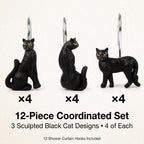 Black Cat Shower Curtain Hooks Set of 12, Decorative Resin Shower Rings