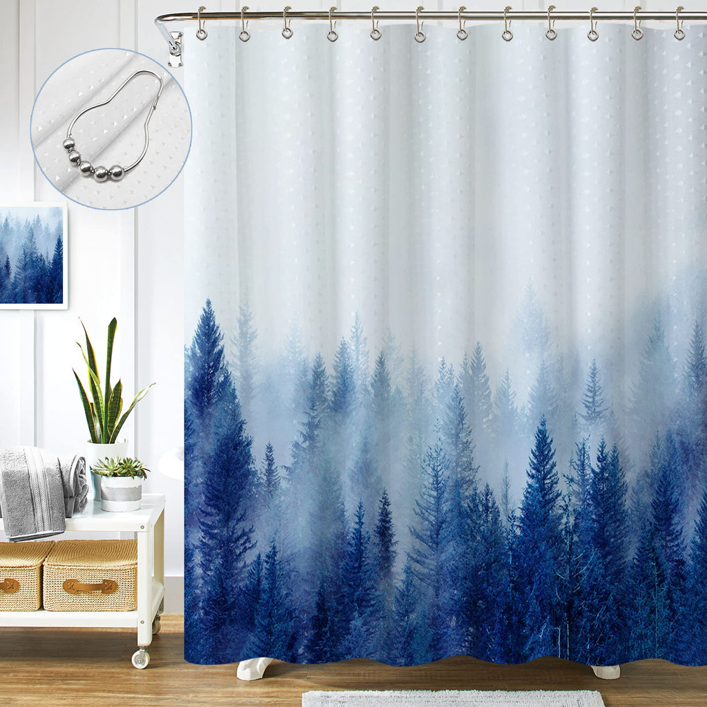 ORTIGIA Dark Green Misty Forest Shower Curtain for Bathroom, Nature Woodland Shower Curtain Set with Hooks, Decorative Pine Tree Fog Magic Bath Curtain for Home, Waterproof Fabric, Weighted, 72x72