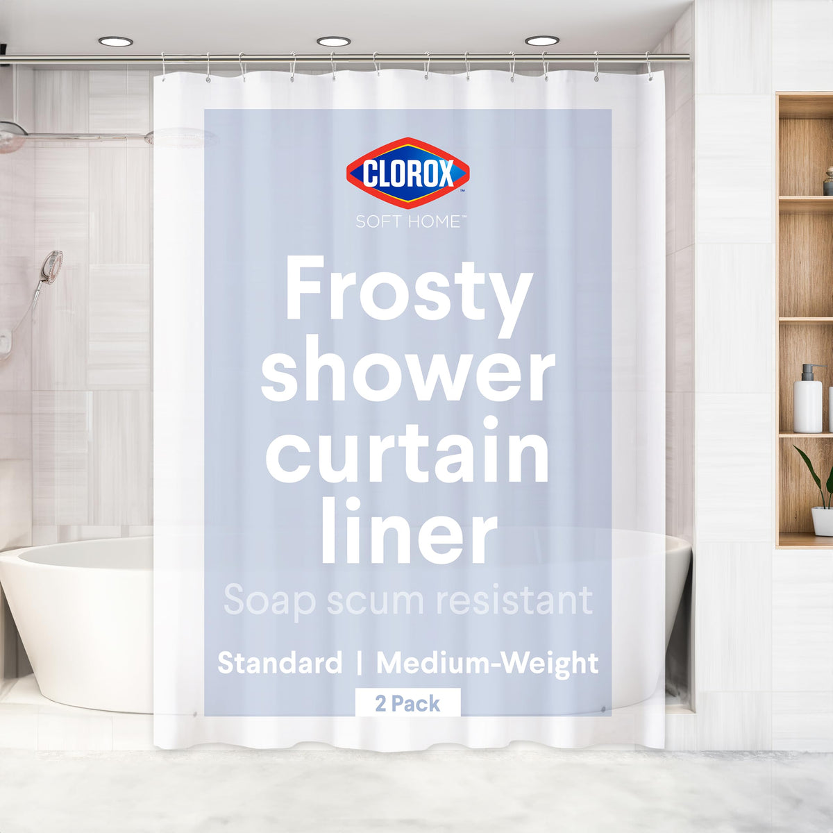 Clorox Shower Curtain Liner & Hooks, Premium Lightweight Flexible Waterproof 4g PEVA for Bathroom with Weighted Magnets, Standard Size 70" x 72", Frosty 1 Pack