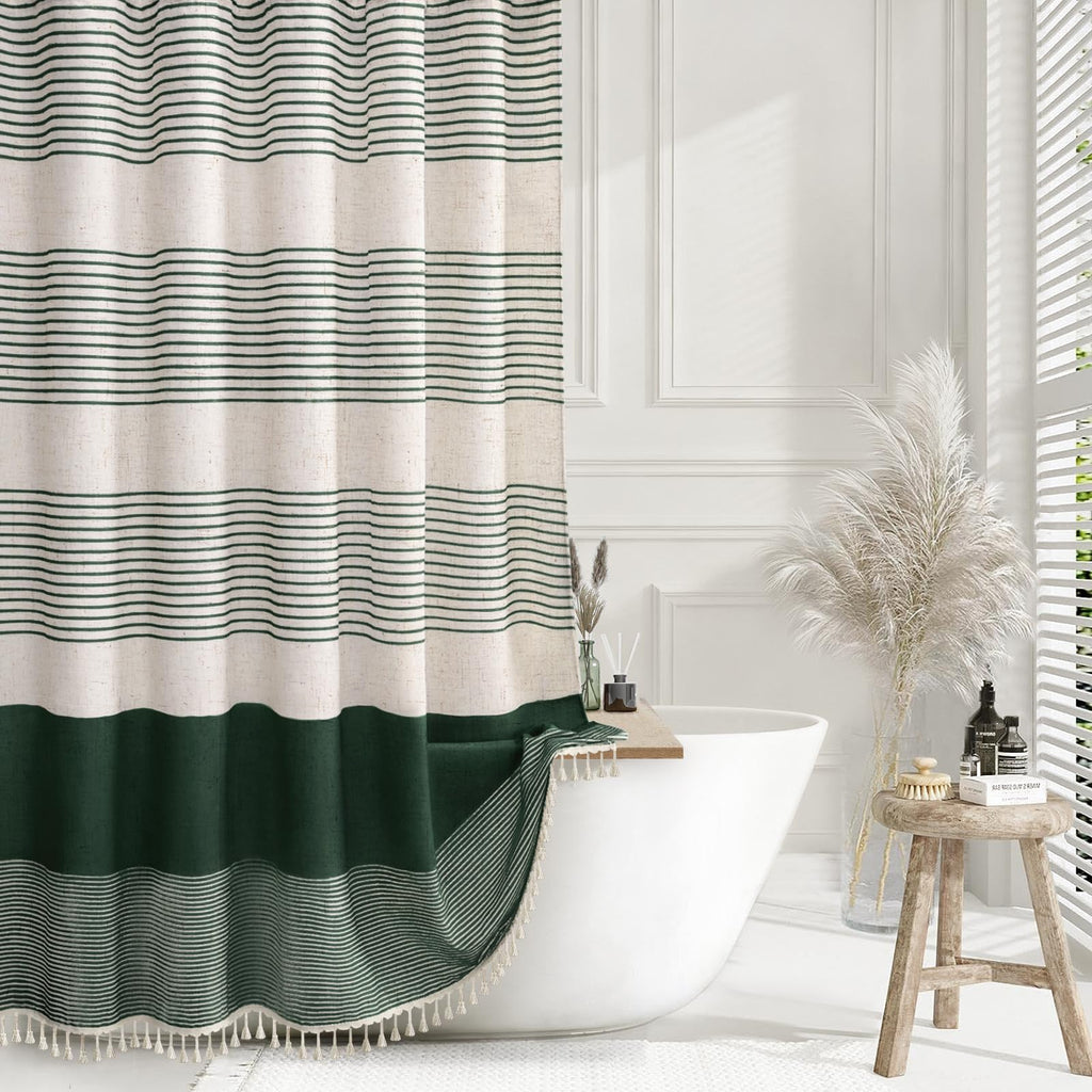 Navy Blue Coastal Ocean Linen Striped Shower Curtain with Tassel 72W X 72L