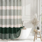 Navy Blue Coastal Ocean Linen Striped Shower Curtain with Tassel 72W X 72L