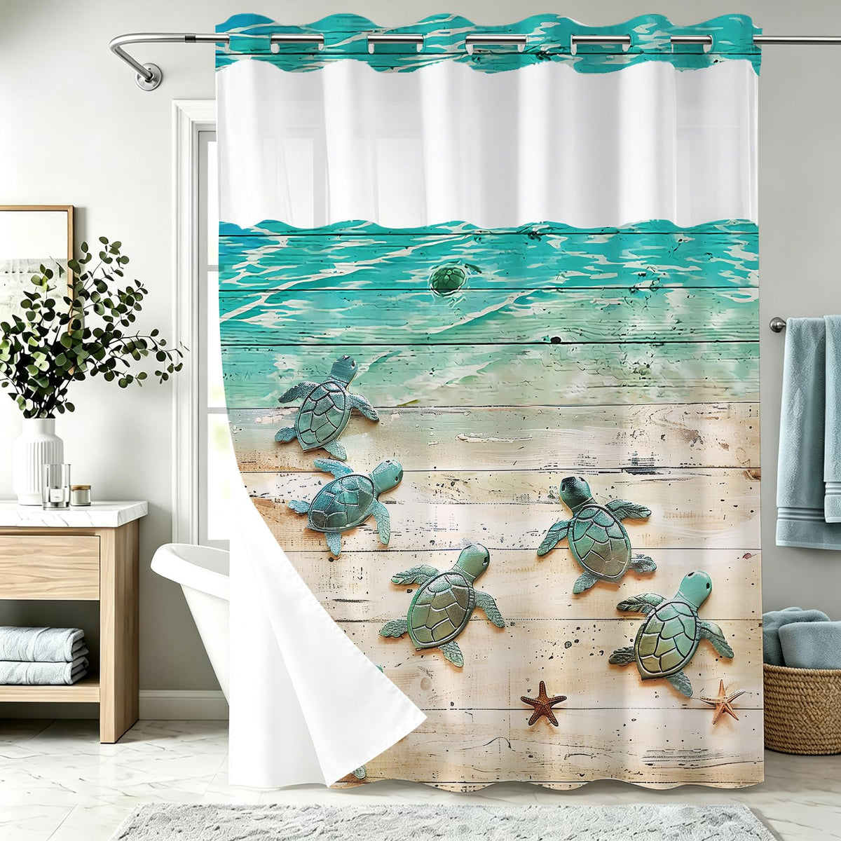 Nautical Green Sea Turtles Beach Theme Fabric Shower Curtain Sets Bathroom Blue Ocean Decor with Grommets and Hooks - 72 x 72 Inch Teal