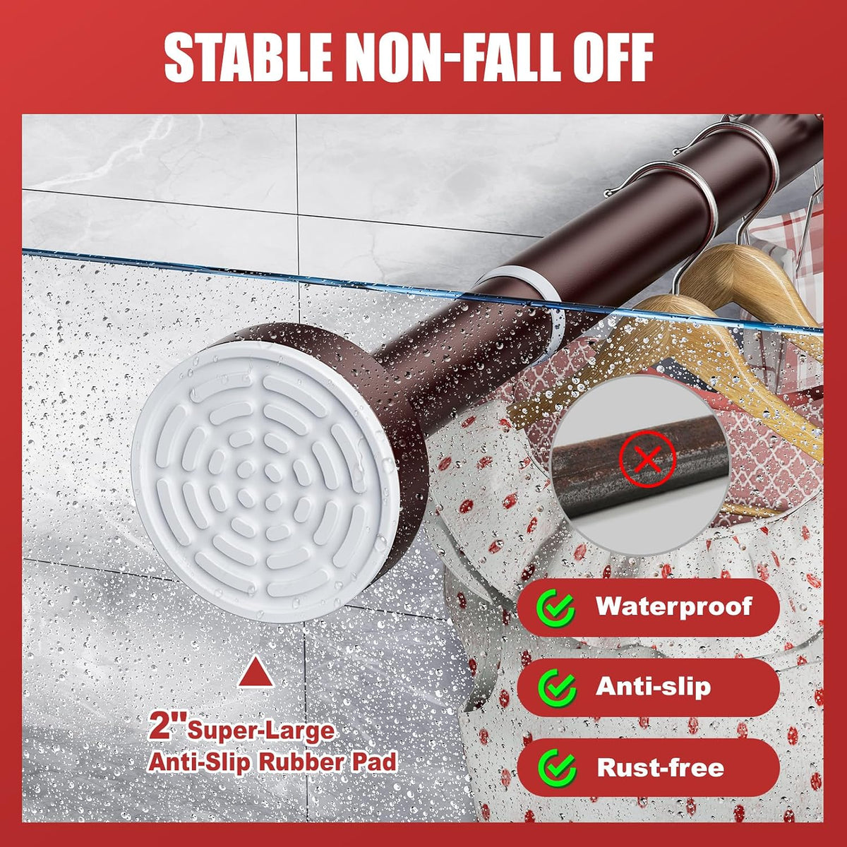 Ausemku Shower Curtain Rod Tension - 32-80 Inch Never Rust Non-Slip Spring Tension Curtain Rod No Drilling Stainless Steel Curtain Rod Use Bathroom Kitchen（Brown）