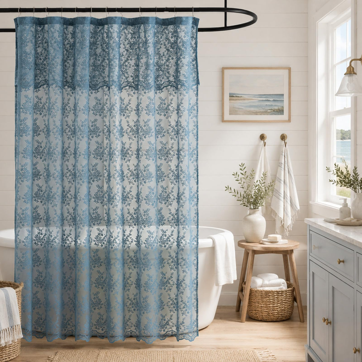 TUDECO Lace Brown Shower Curtain with Attached Valance, 72 x 72 Inch