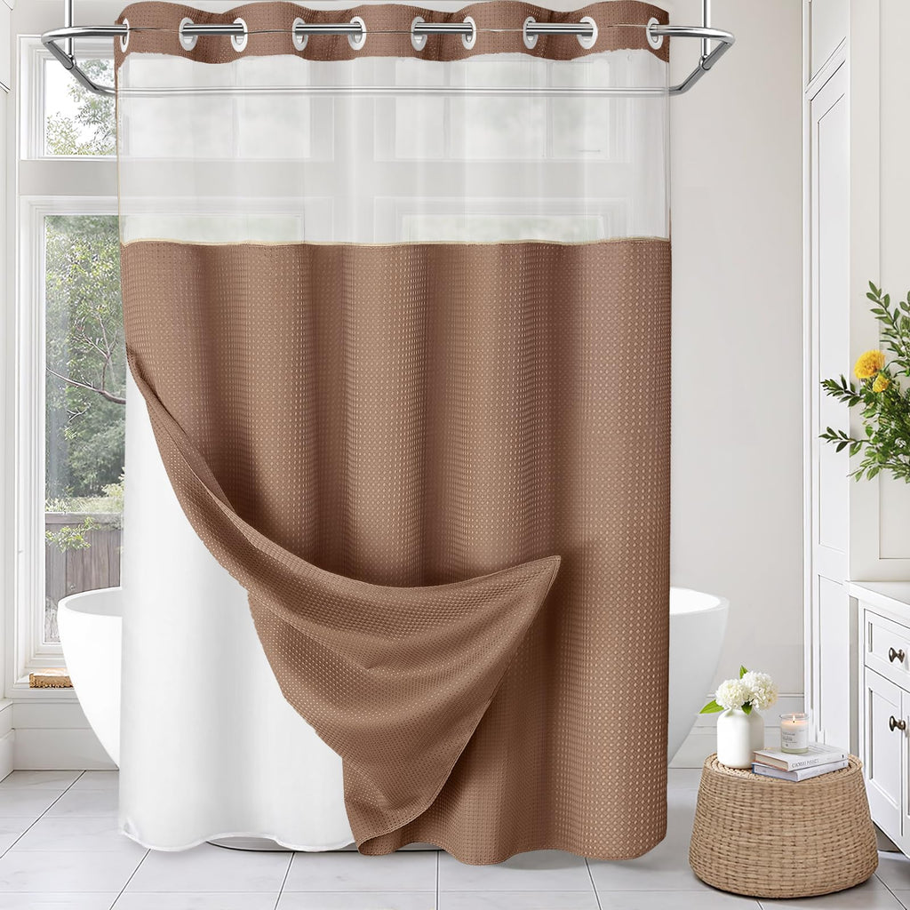 No Hook Shower Curtain with Liner Set Hotel Waffle Curtain White 72W X 75L