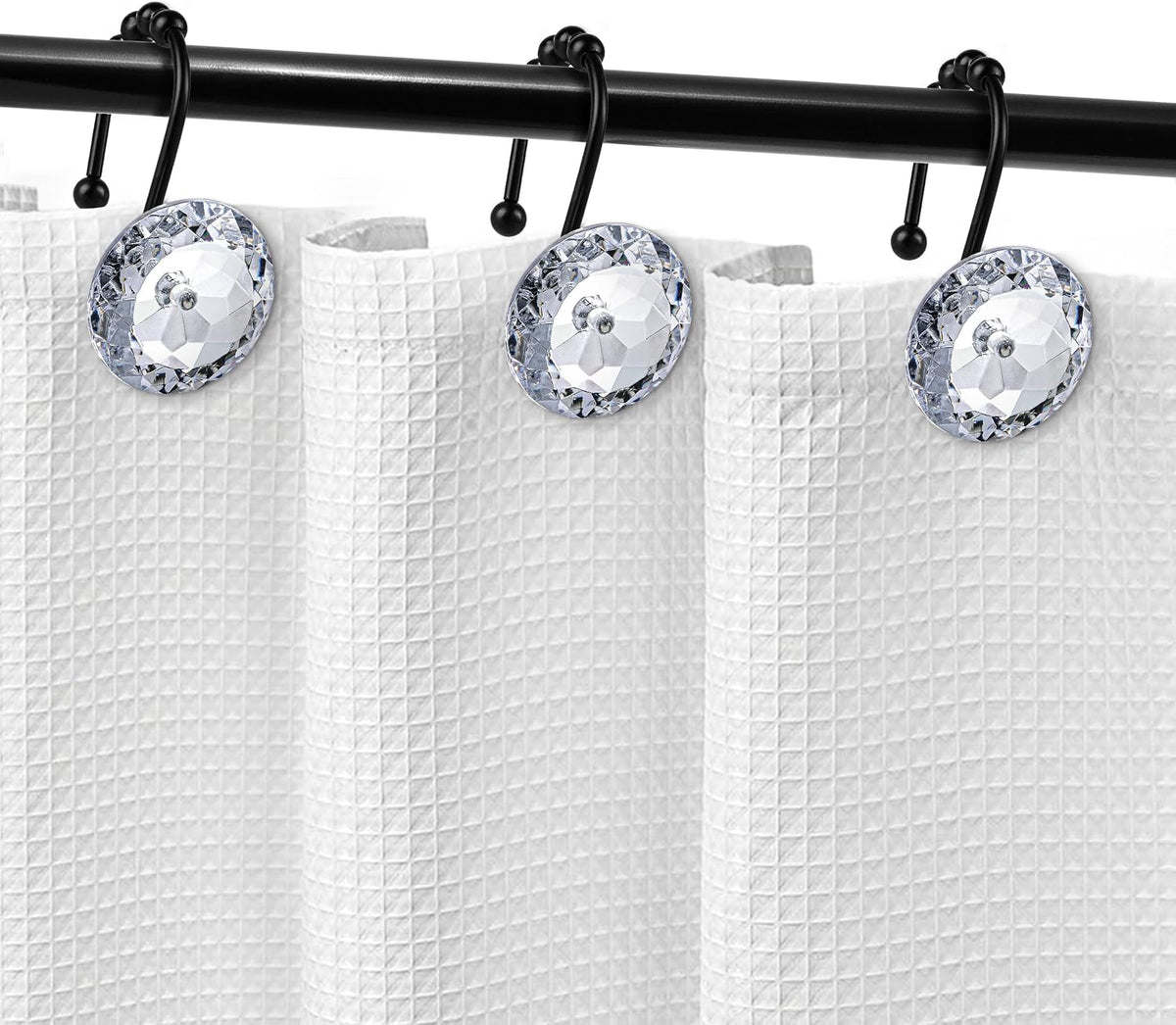 Sunlit Round Rhinestone Shower Curtain Hooks with Glide Balls, 12 Pack