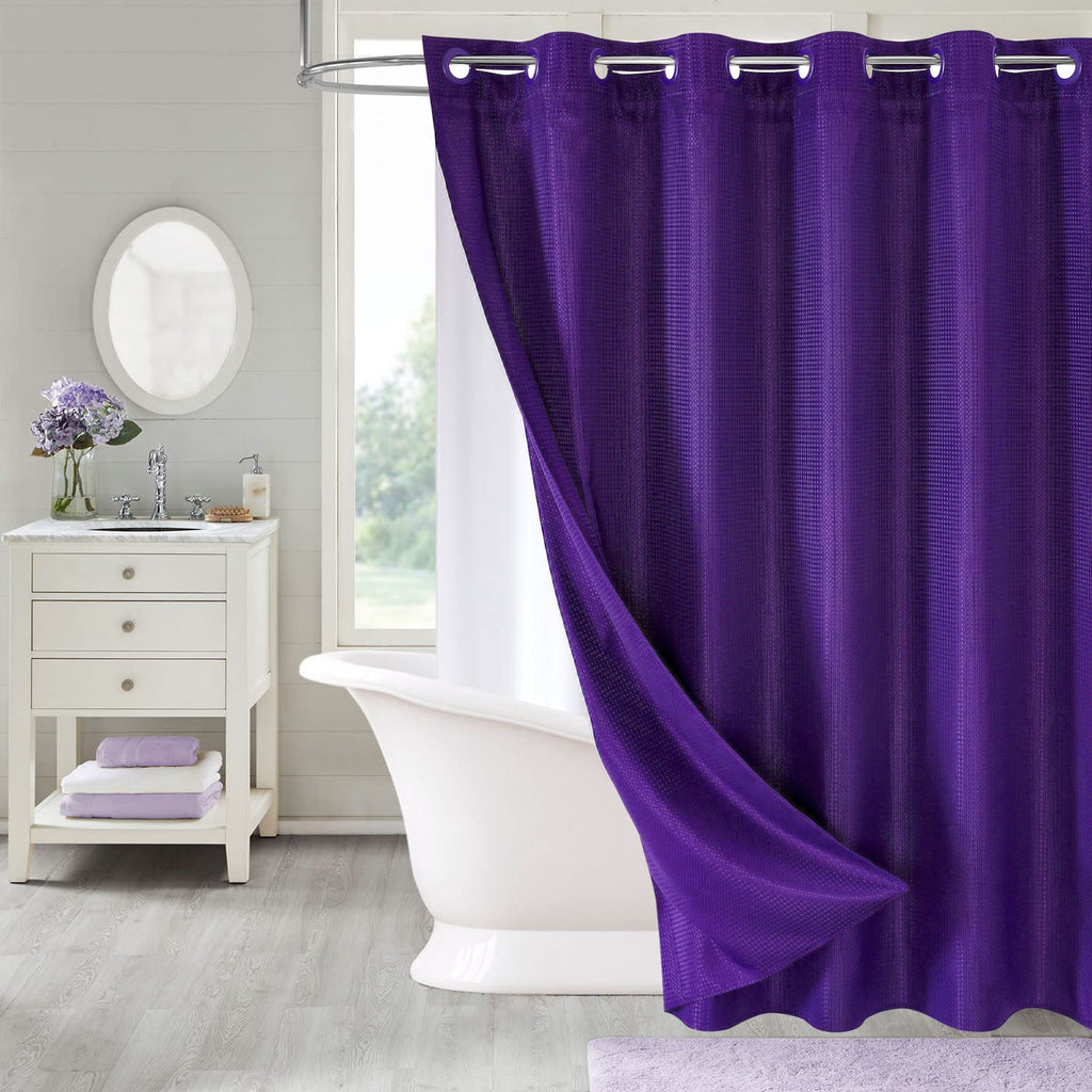 No Hook Weave Fabric Shower Curtain with Snap-in Liner White,72x74