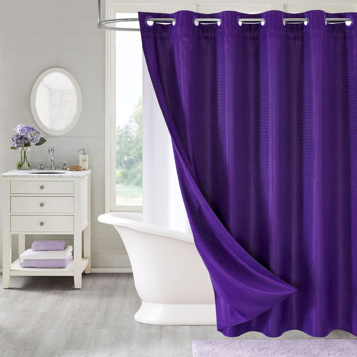 No Hook Weave Fabric Shower Curtain with Snap-in Liner White,72x74