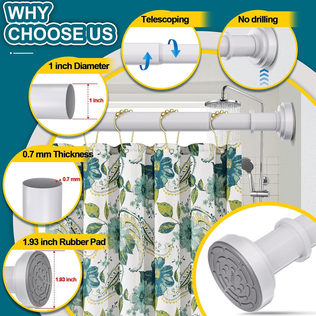White Tension Shower Curtain Rod 36-84 Inch(3-7ft) Never Rust No Drilling Non Slip Spring Tension Shower Rod, Heavy Duty Tension Rod, Adjustable Curtain Rod for Bathroom Window Living Room