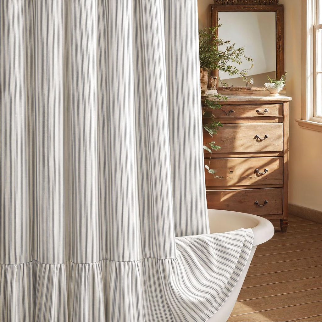 Farmhouse Shower Curtain Ruffle Linen Cream-Brown Stripe 72"W x 84"L