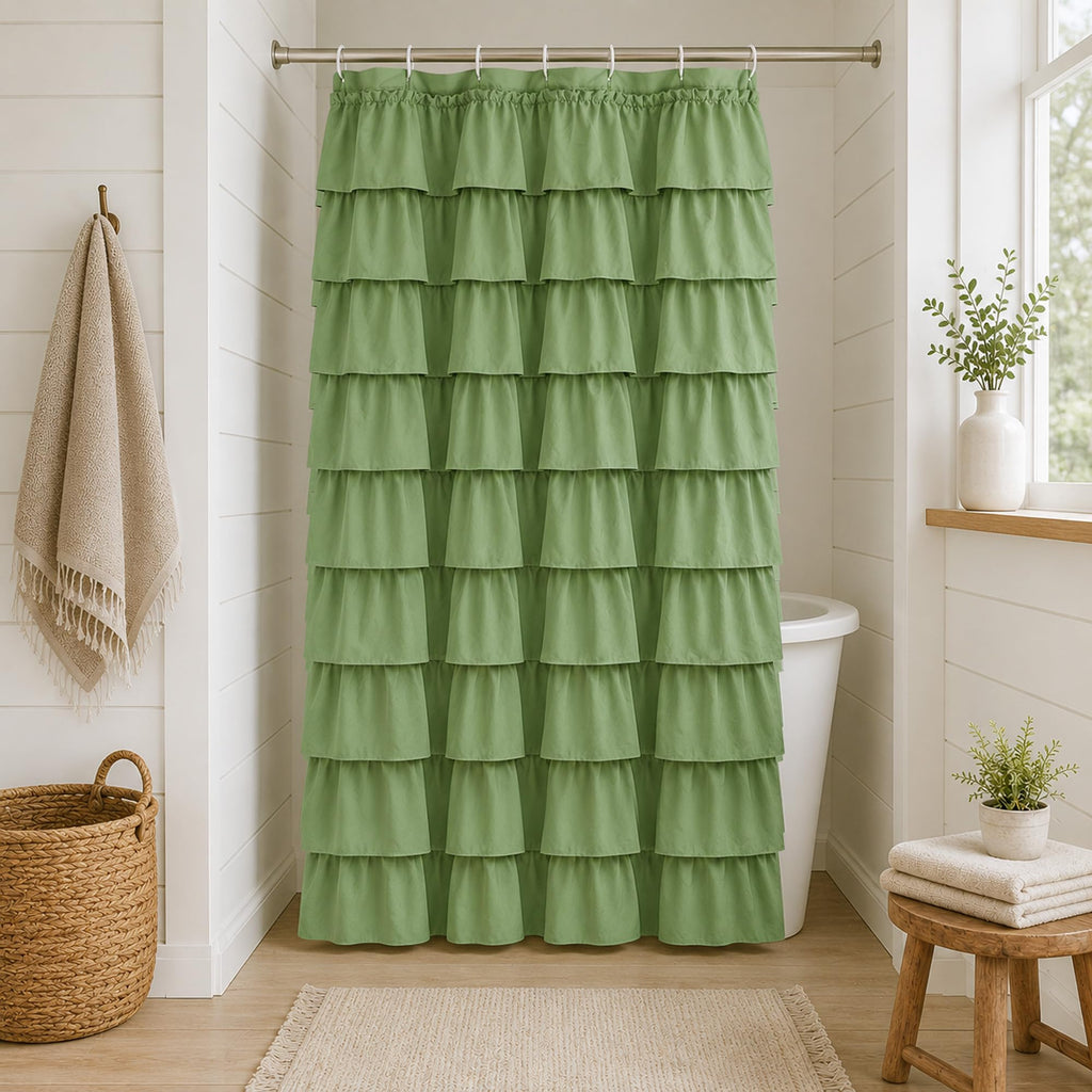 White Ruffle Shower Curtain for Bathroom,72 x 72 Inches, Farmhouse Style