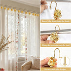Metal Rose Shower Curtain Hooks, Rust-Resistant Hooks for Shower Curtain Rods, Set of 12, Beautiful Floral Rose Design Bathroom Decoration Hooks (Gold)