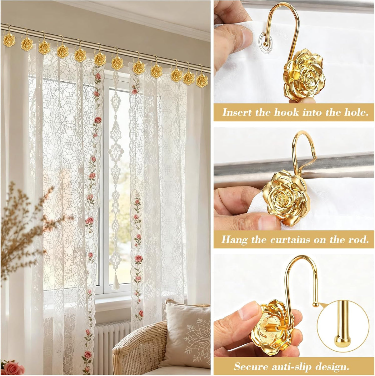 Metal Rose Shower Curtain Hooks, Rust-Resistant Hooks for Shower Curtain Rods, Set of 12, Beautiful Floral Rose Design Bathroom Decoration Hooks (Gold)