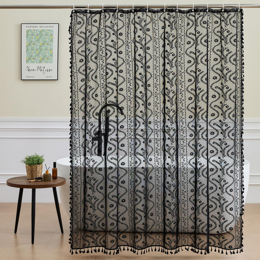 WAZZIO Dark Sage Green Lace Shower Curtain,Boho Chic Style,72 x 72 in