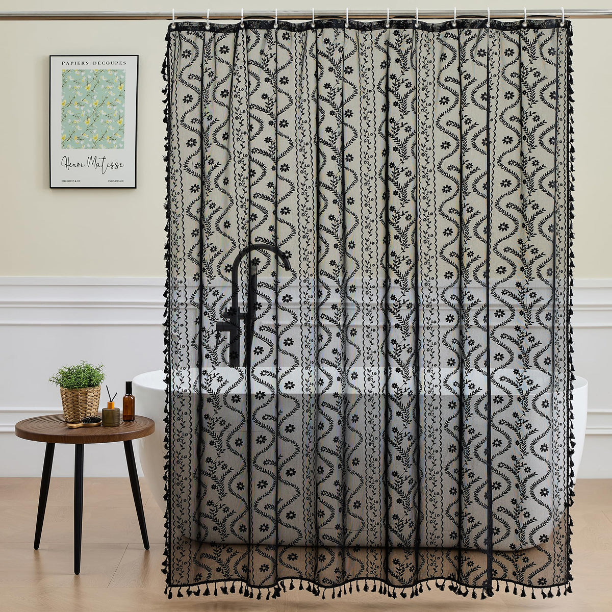 WAZZIO Dark Sage Green Lace Shower Curtain,Boho Chic Style,72 x 72 in