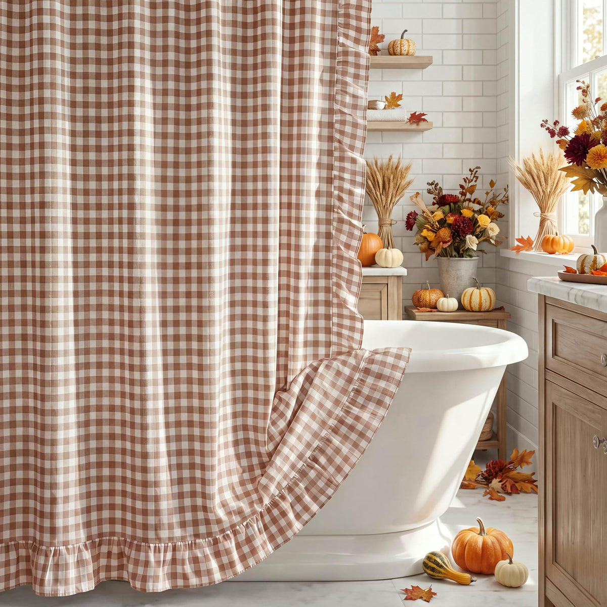 HunnmingRe Ruffle Hem Gingham Shower Curtain Taupe