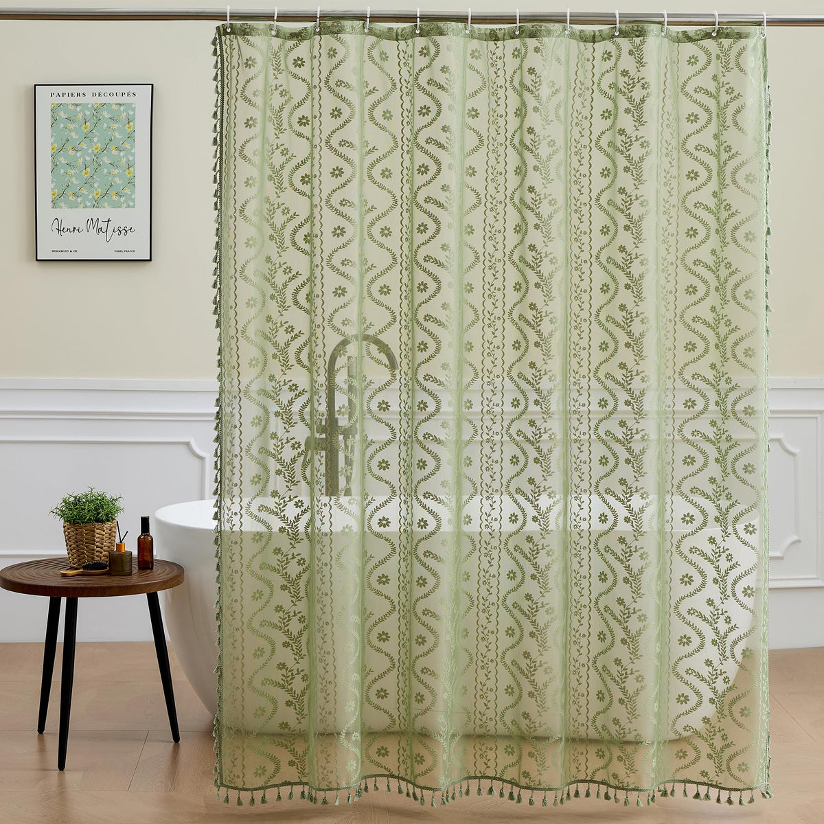 WAZZIO Dark Sage Green Lace Shower Curtain,Boho Chic Style,72 x 72 in