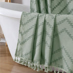 OWENIE Boho Shower Curtain, White Fabric Cloth Shower Curtains Farmhouse Tufted Chevron Striped Textured with Tassel for Bathroom, Soft Hotel Style Modern Minimalist, Machine Washable, 72x72, White