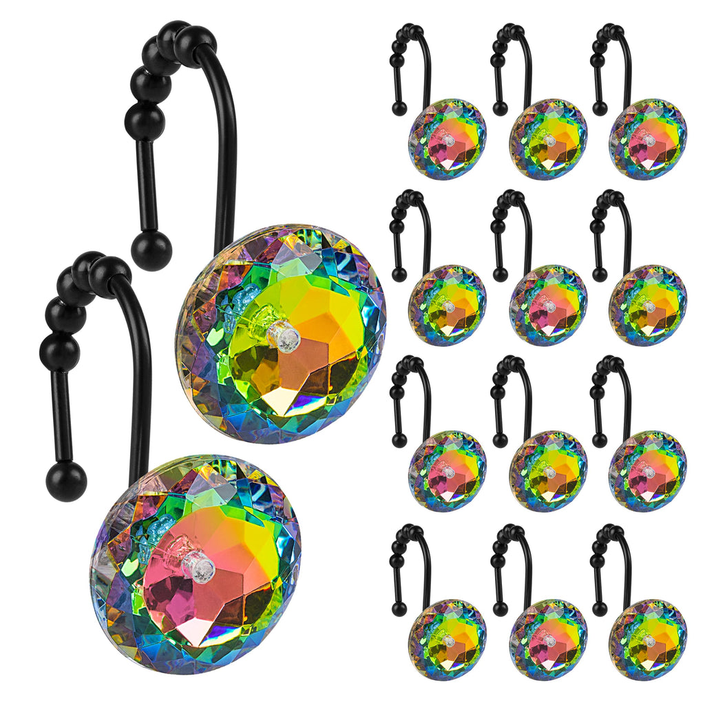 Sunlit Round Rhinestone Shower Curtain Hooks with Glide Balls, 12 Pack