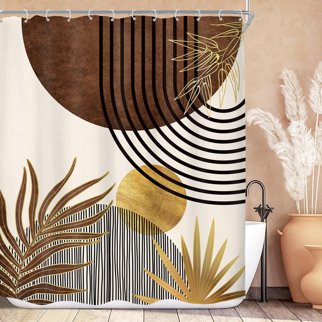 KOMLLEX Mid Century Green Boho Shower Curtain, Abstract Modern Shower Curtains for Bathroom, Plant Botanical Minimalist Leaf Arch Sun Fabric Liner Waterproof Polyester 12 Pack Hooks 60Wx72L Inches