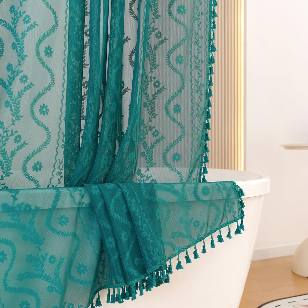 WAZZIO Dark Sage Green Lace Shower Curtain,Boho Chic Style,72 x 72 in